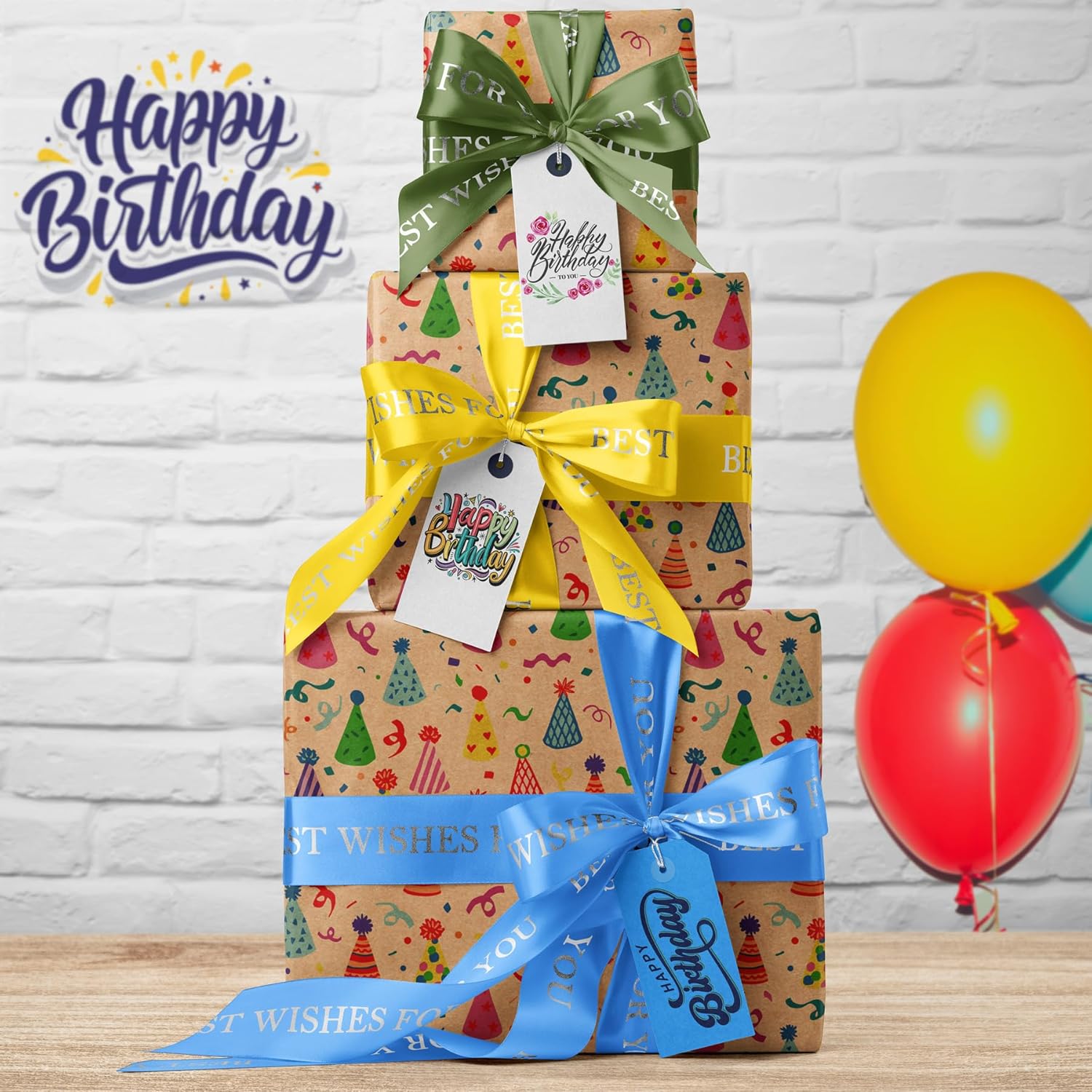 Kraft Birthday Wrapping Paper For Kids Men Women Baby Shower - Recycled Gift Wrap With Colorful Party Hat Design Design - 28 X 40 Inches, 4 Folded Sheets, Easy To Store