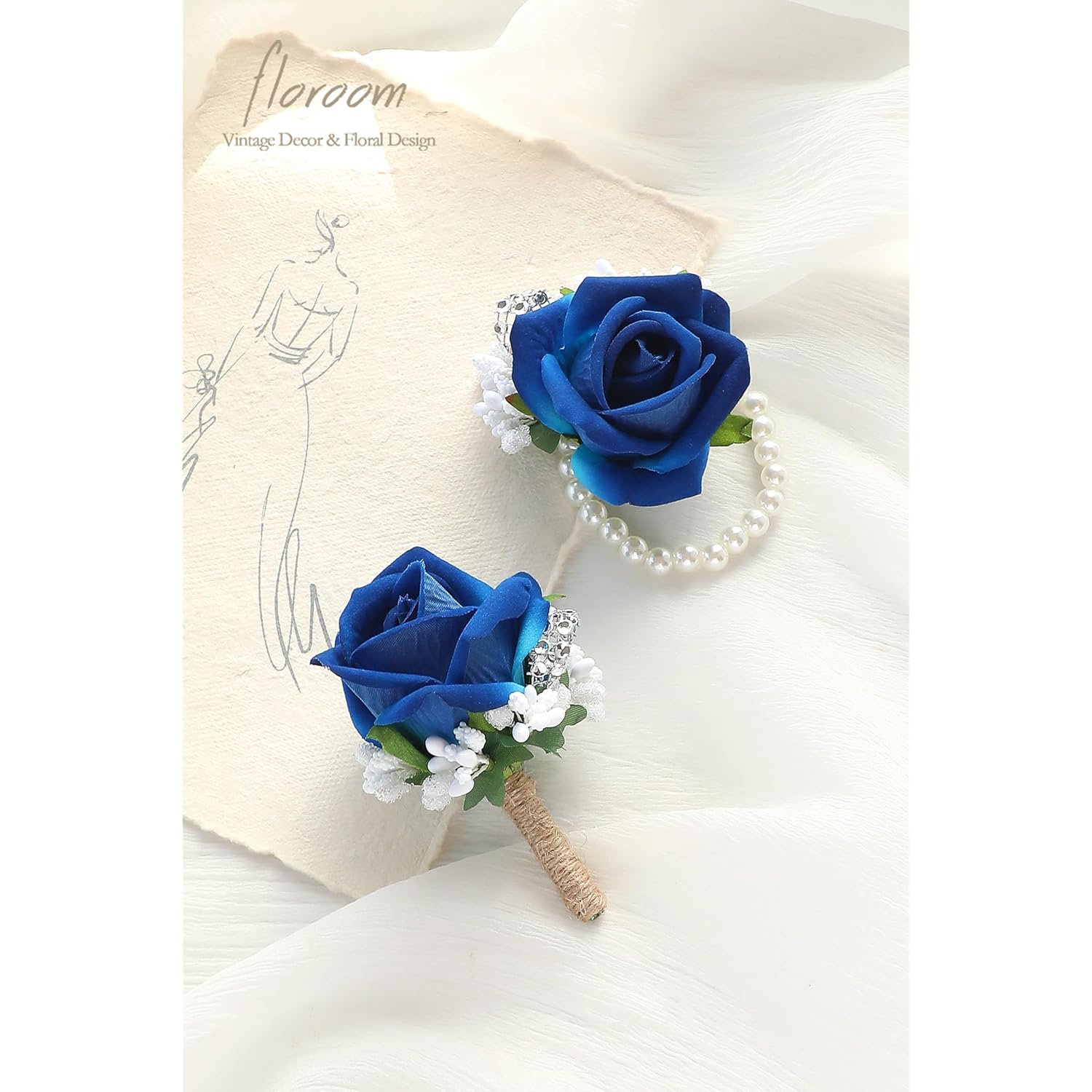 Royal Blue Rose Wrist Corsage Wristlet Band Bracelet And Men Boutonniere Set For Wedding Flower Accessories Prom Suit Decorations