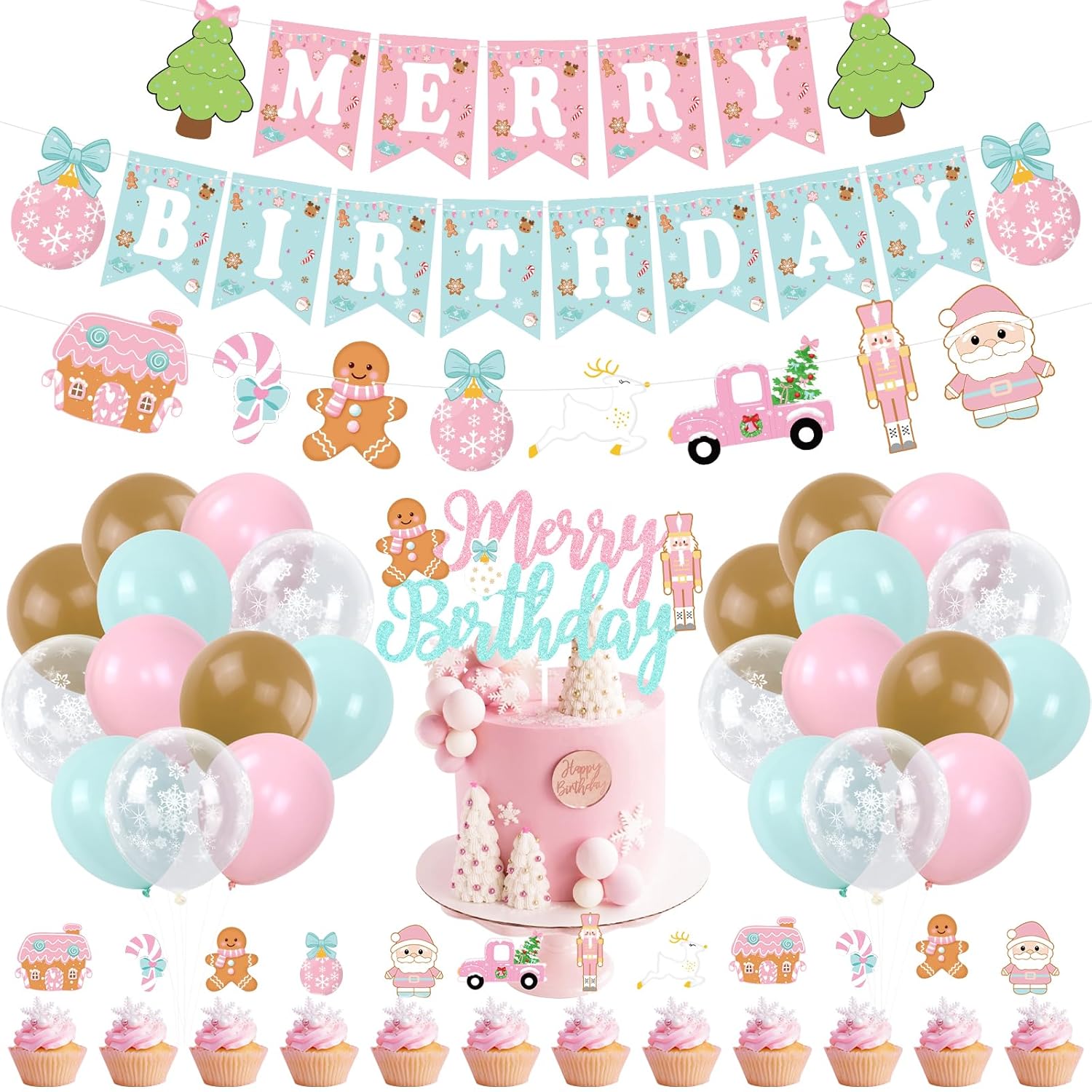 Christmas Gingerbread Man Merry Birthday Party Decorations, Christmas Banner Cake Topper Latex Balloons For Winter Holiday Xmas Theme Boys Girls Party Supplies