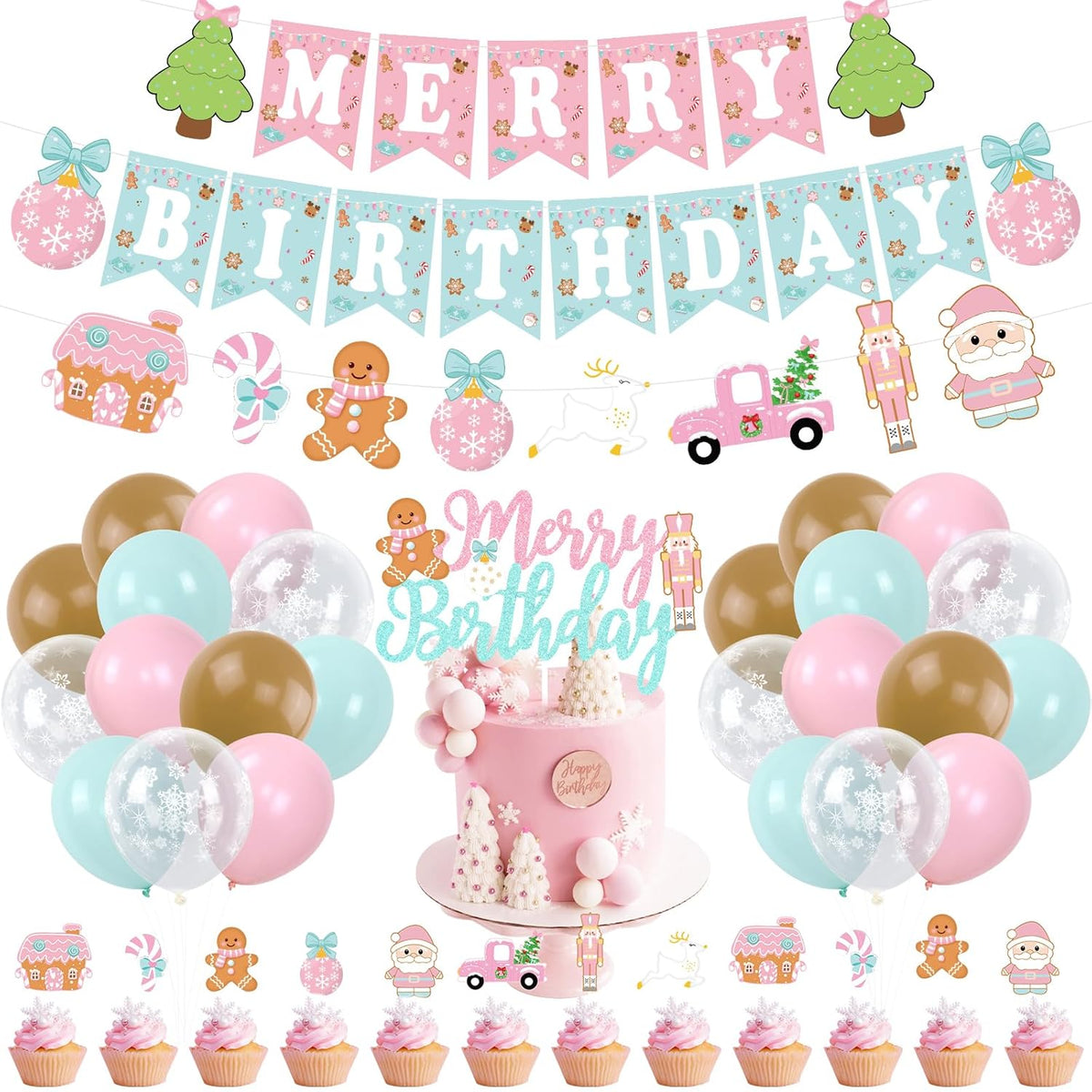 Christmas Gingerbread Man Merry Birthday Party Decorations, Christmas Banner Cake Topper Latex Balloons For Winter Holiday Xmas Theme Boys Girls Party Supplies