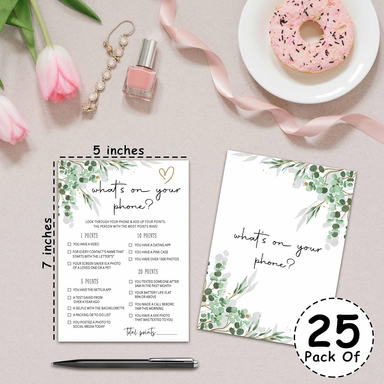 Bridal Shower Party Games, Minimalist Wedding Shower Game For Adults, 25 Eucalyptus Greenery Engagement Party Games Cards (5" X 7"), Bachelorette Party Supplies Decorations -01