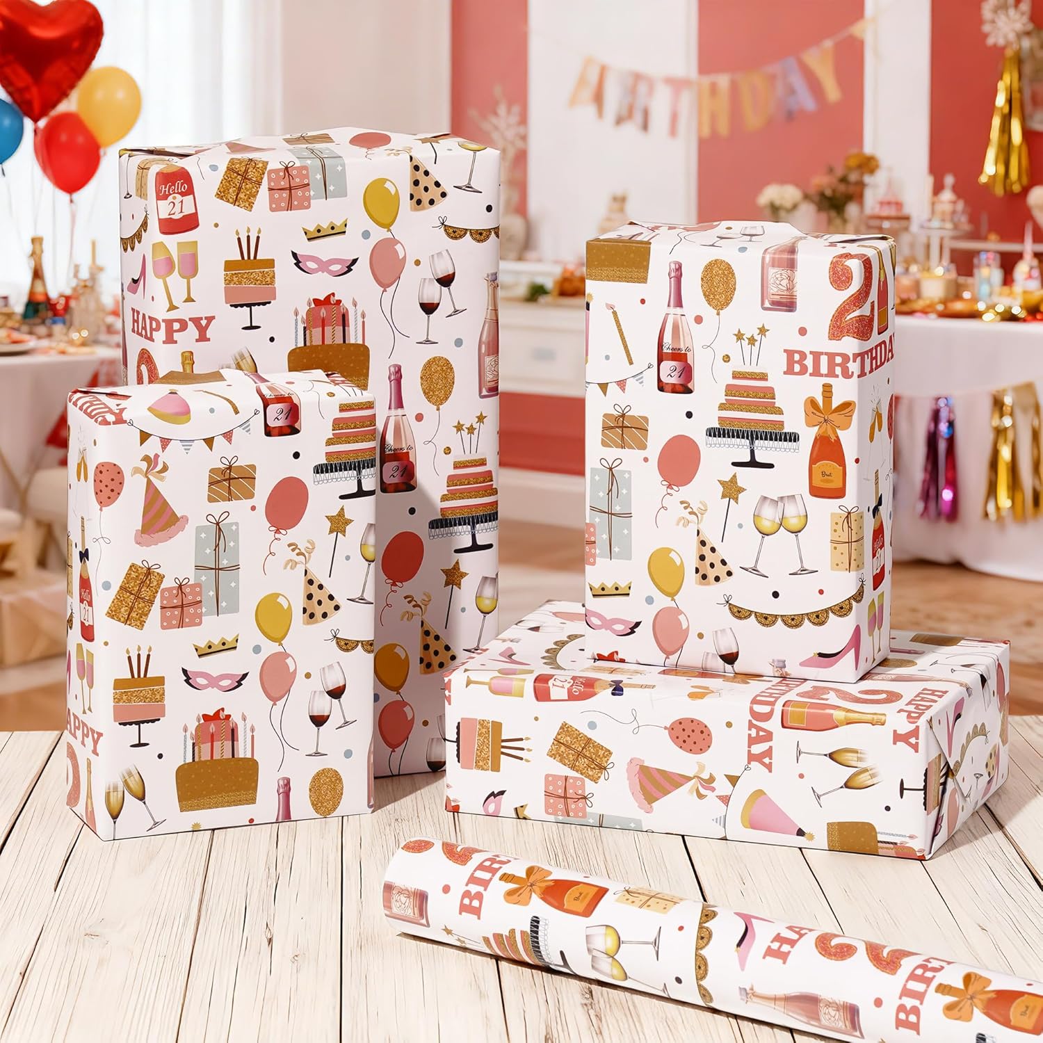 21St Birthday Wrapping Paper Roll For Girls, 17 In X 16.4 Ft, Mini Roll - Pink Champagne Balloons Happy Birthday Wrapping Paper With Cake Cheers To 21, Perfect For Girls Alcohol Theme Party