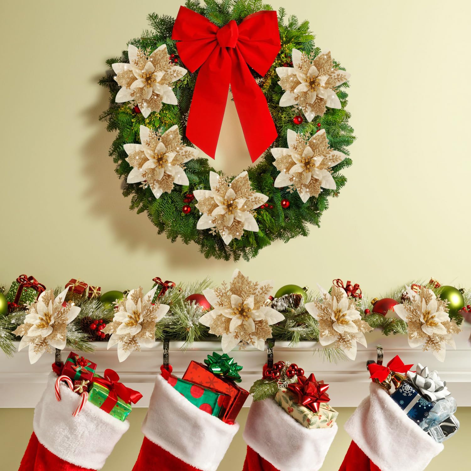 Poinsettia Christmas Flowers Decoration -12Pcs Artificial Red Gold Poinsettia Christmas Tree Ornaments Glittery For Xmas New Year Wedding Party Wreath Diy Garland Decor (Gold)