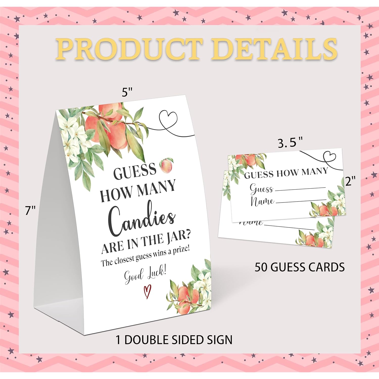 Sweet Peach Guess How Many Candies Are In The Jar Game For Baby Shower, Pack Of One 5X7 Sign And 50 Guessing Cards, White Floral Peach Baby Shower Decoration, Gender Neutral Party Supplies - Gc06