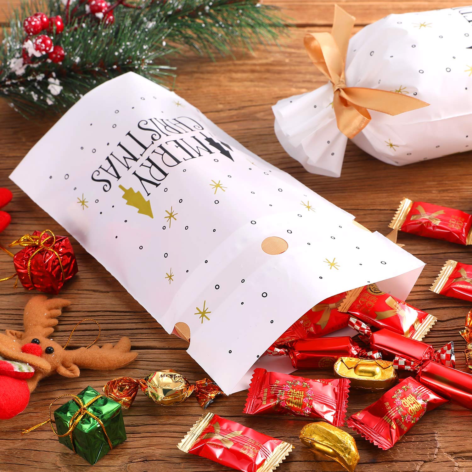 30 Pack Treat Bags With Drawstring, Merry Christmas Tree Print Plastic Candy Bags Drawstring Cookie Sack For Christmas Wedding Party Birthday Engagement Holiday Favor
