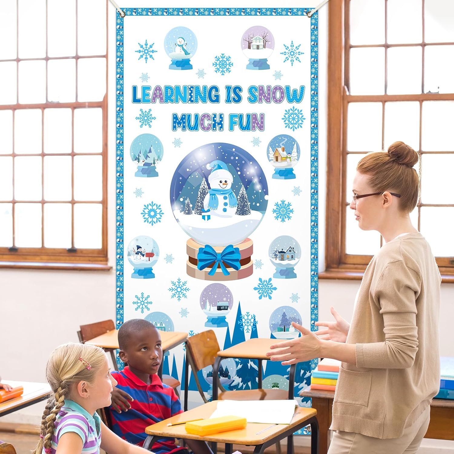 Winter Christmas Door Cover Decoration Classroom Snow Globe Snowflakes Banner Xmas Hanging Decor For Front Door Porch Holiday School Party Supplies (Learning Is Snow Much Fun)