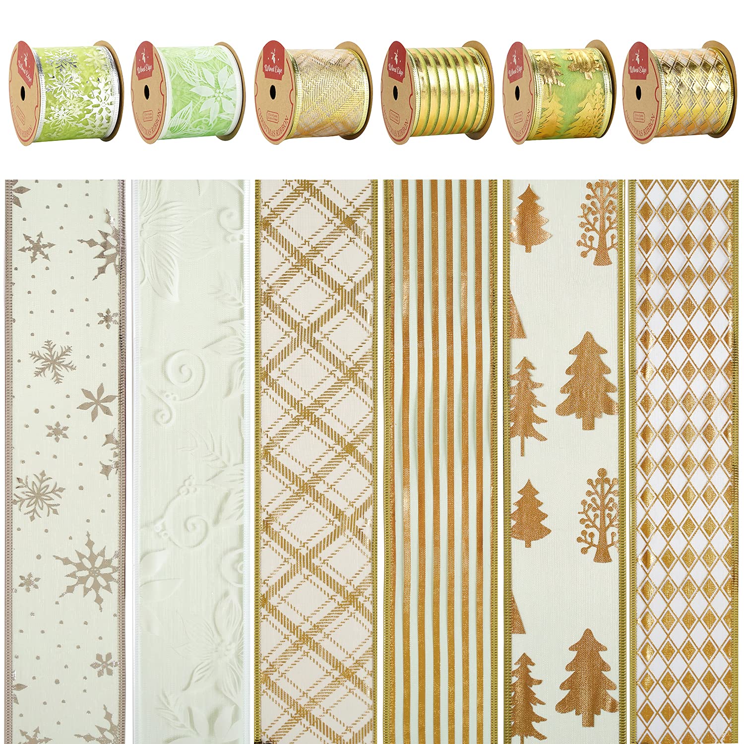 Green Ribbon Set - 6 Rolls, 36 Yards, Wired, Gold & Green For Christmas Tree Decorations
