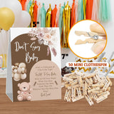 Boho Bear Baby Shower Games, Don'T Say Baby Game For Baby Shower (One Sign With 50 Mini Clothespins), Floral Bear Balloon Theme Baby Shower Decorations, Gender Reveal Game-Dsbb19