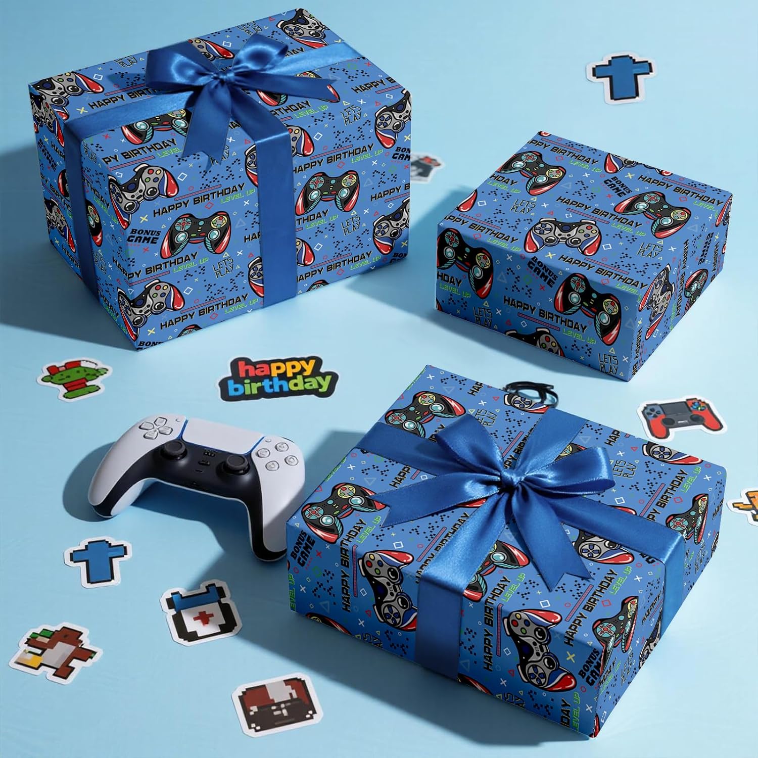 Video Game Birthday Wrapping Paper Roll For Boys, Mini Roll, Blue Game Controller Pattern And Gamer Text Gift Wrap Paper For Birthday, Game Party, Holiday, 17 Inches X 16.4 Feet