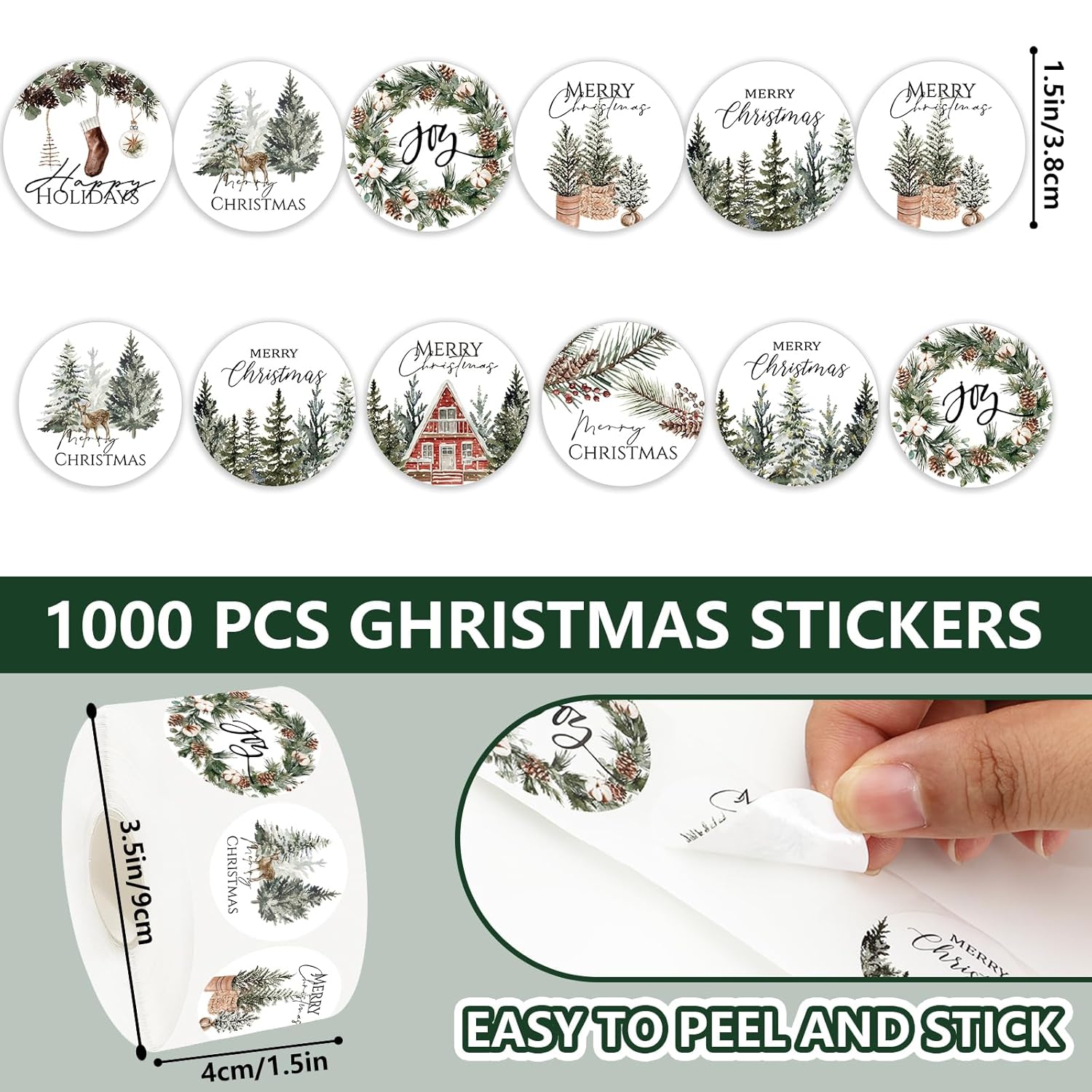 1000Pcs Christmas Roll Stickers 1.5 Inch Self-Adhesive Watercolor Cedar Wreath Pine Cone Label Decals For Winter Xmas Seal Cards Envelopes, 8 Designs