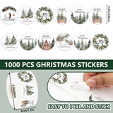 1000Pcs Christmas Roll Stickers 1.5 Inch Self-Adhesive Watercolor Cedar Wreath Pine Cone Label Decals For Winter Xmas Seal Cards Envelopes, 8 Designs