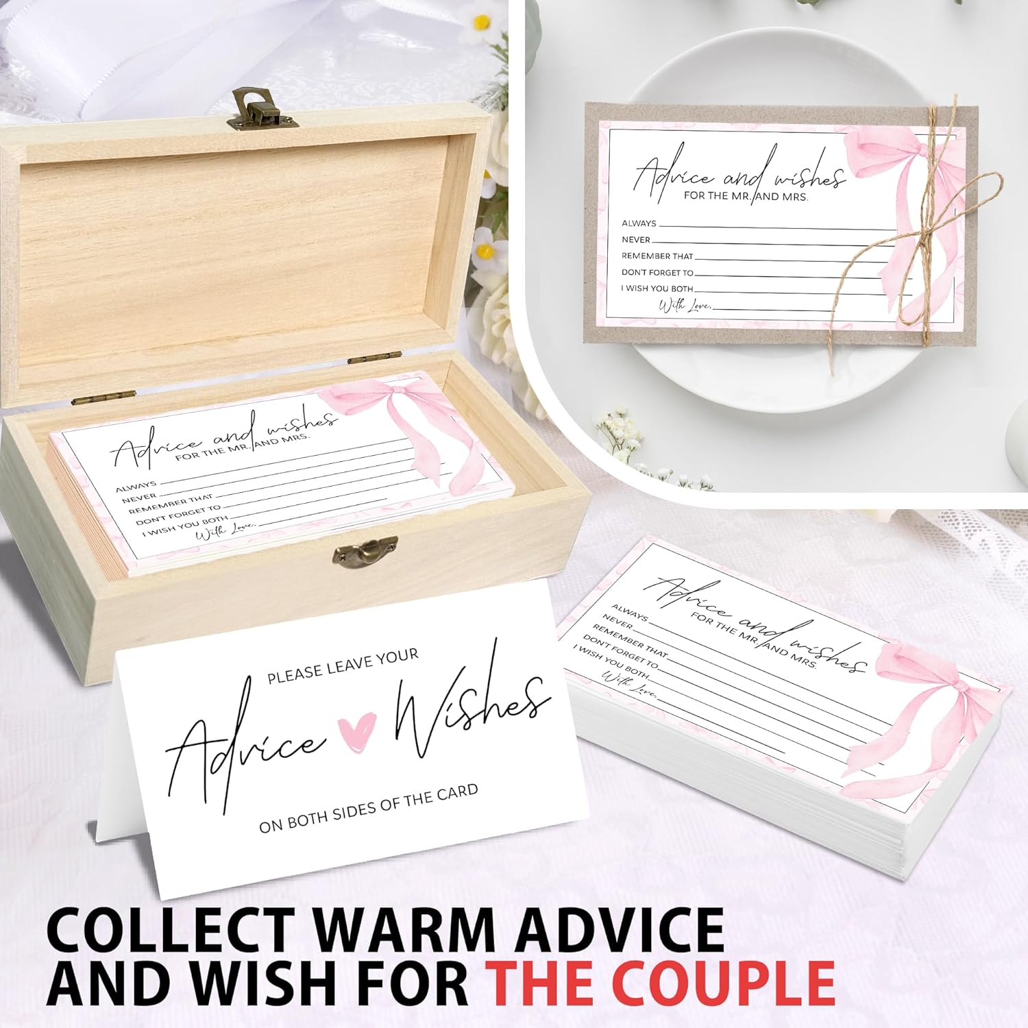 Pink Bow Advice And Wishes For The Mr And Mrs - 50 Packs Wedding Advice Cards Bridal Shower Game Cards With Box Reception Guest Book For Bride Groom Newlywed Engagement Party Decoration -A05