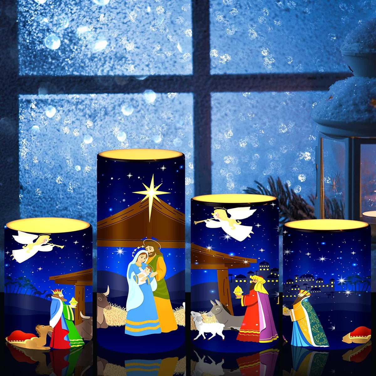 Christmas Nativity Scene Candles Led Religious Theme Flameless Candles Battery Operated Led Warm Light Flickering Pillar For Xmas Holiday Table Decorations(Vivid)