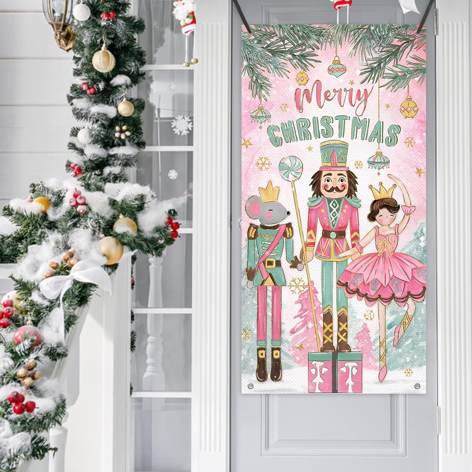 Merry Christmas Nutcracker Door Cover Decorations, Pink Xmas Tree Front Door Banner Background, Winter Holiday Party Indoor Outdoor Home Decor 3 X 6 Ft