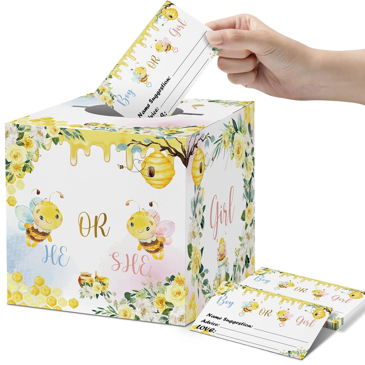 Baby Gender Reveal Voting Box, Bee Rose Theme Boy Or Girl Ballot Cards (50Pc), Gender Reveal Party Baby Shower Game Decorative Suit?Pink And Blue