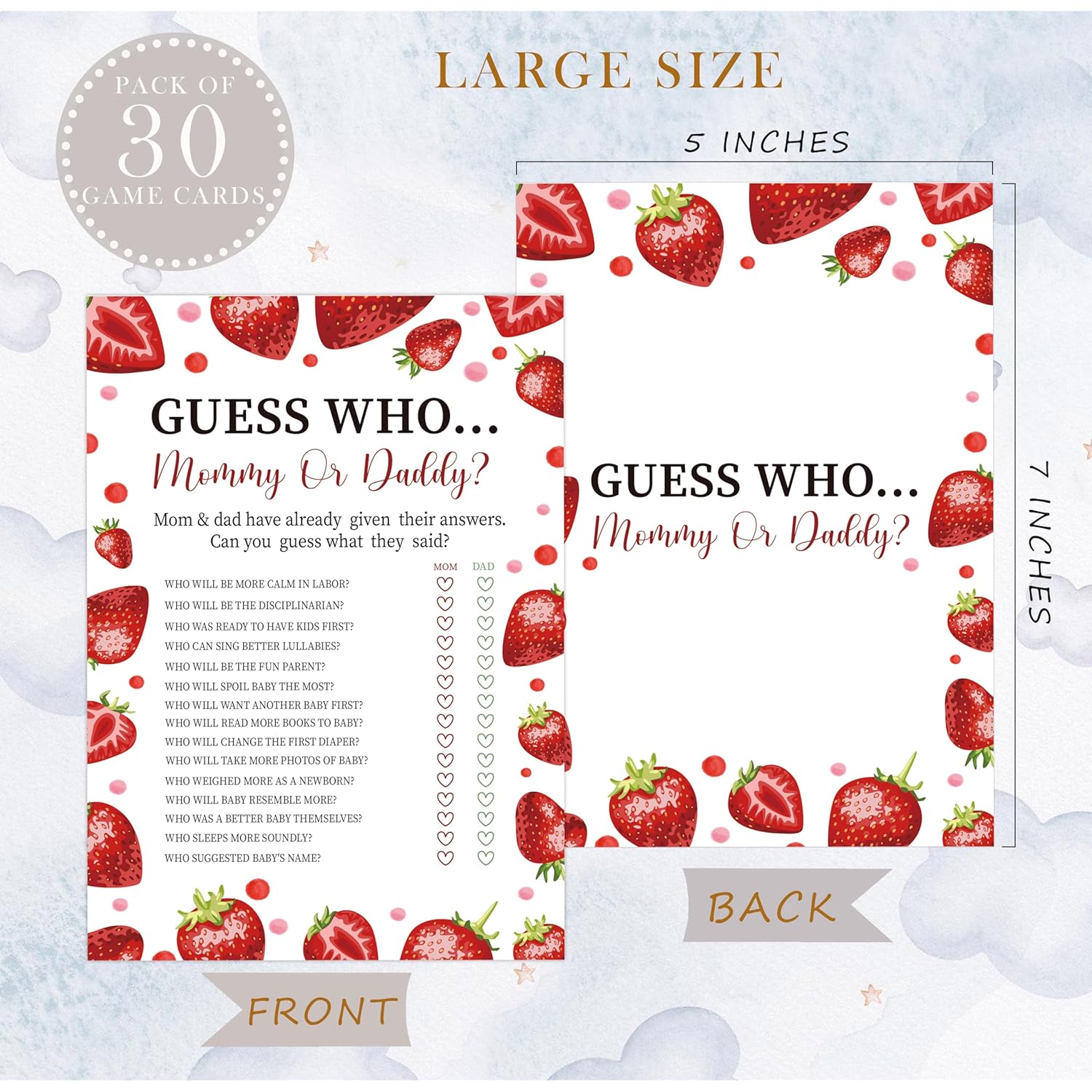 Strawberry Guess Who Mommy Or Daddy Game, Baby Shower Game, Pack Of 30 Game Cards, Gender Neutral Boy Or Girl, Fun Baby Game And Activity - Fa17