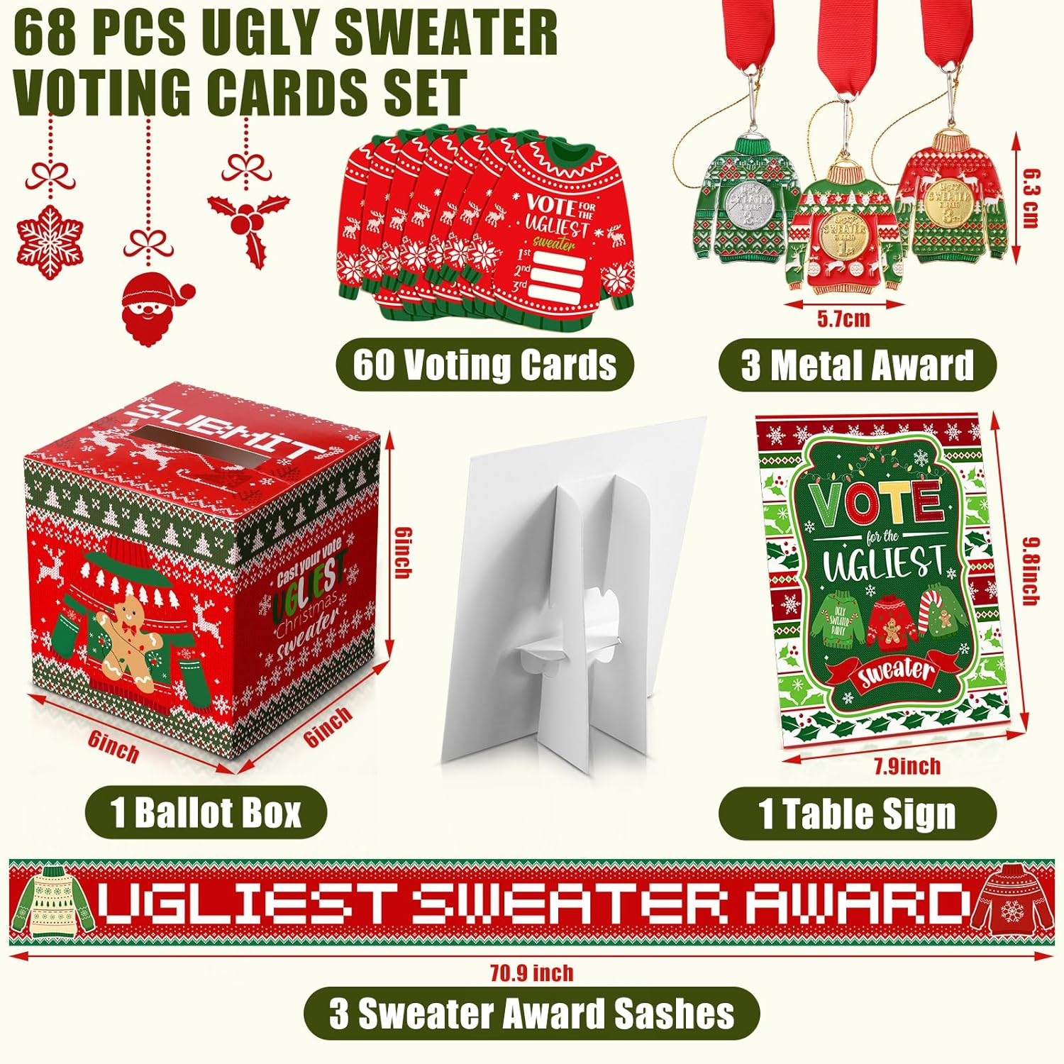 68 Pcs Christmas Ugly Sweater Party Voting Cards With Ugly Sweater Contest Ballot Box 60 Voting Cards 3 Medal Awards 3 Sweater Award Sashes 1 Table Sign For Holiday Xmas Party Game Supplies