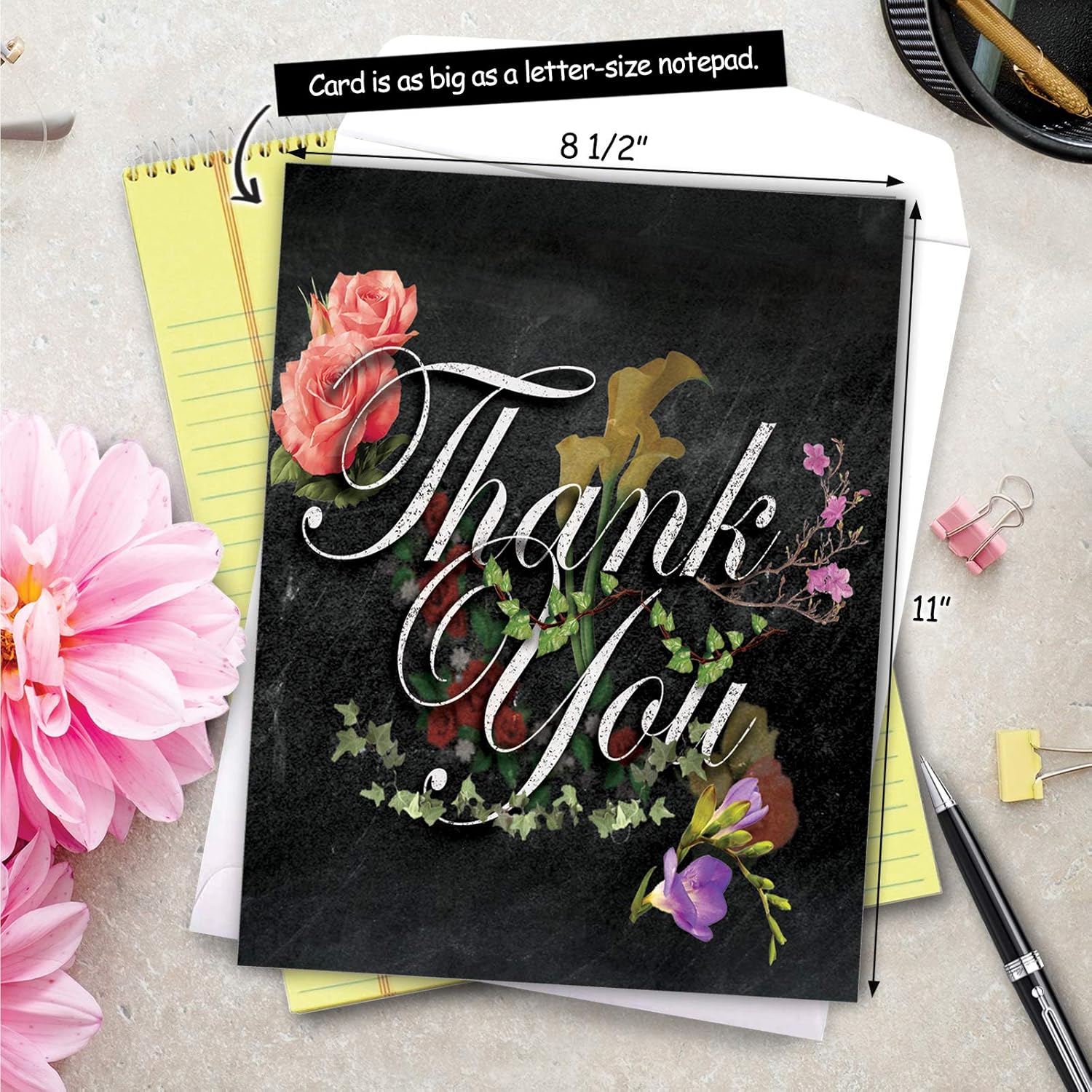 - 1 Beautiful Thank You Card (8.5 X 11 Inch) - Pretty Flowers, Floral Gratitude Stationery Notecard With Envelope - Chalk And Roses J2358Atyg