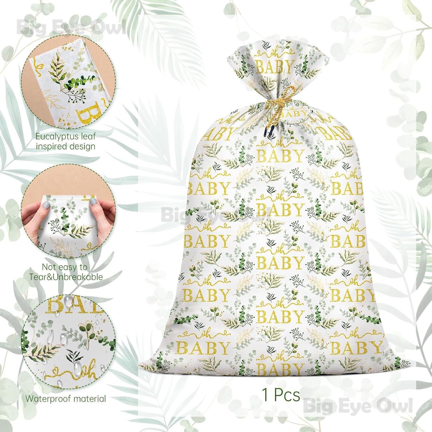 Extra Large Baby Gift Bag 48"X 36" Jumbo Plastic Present Bag Eucalyptus Leaves Shower Birthday Large Gift Wrapping Bags Oversized Oh Baby Sage Green Gender Reveal Party Favors