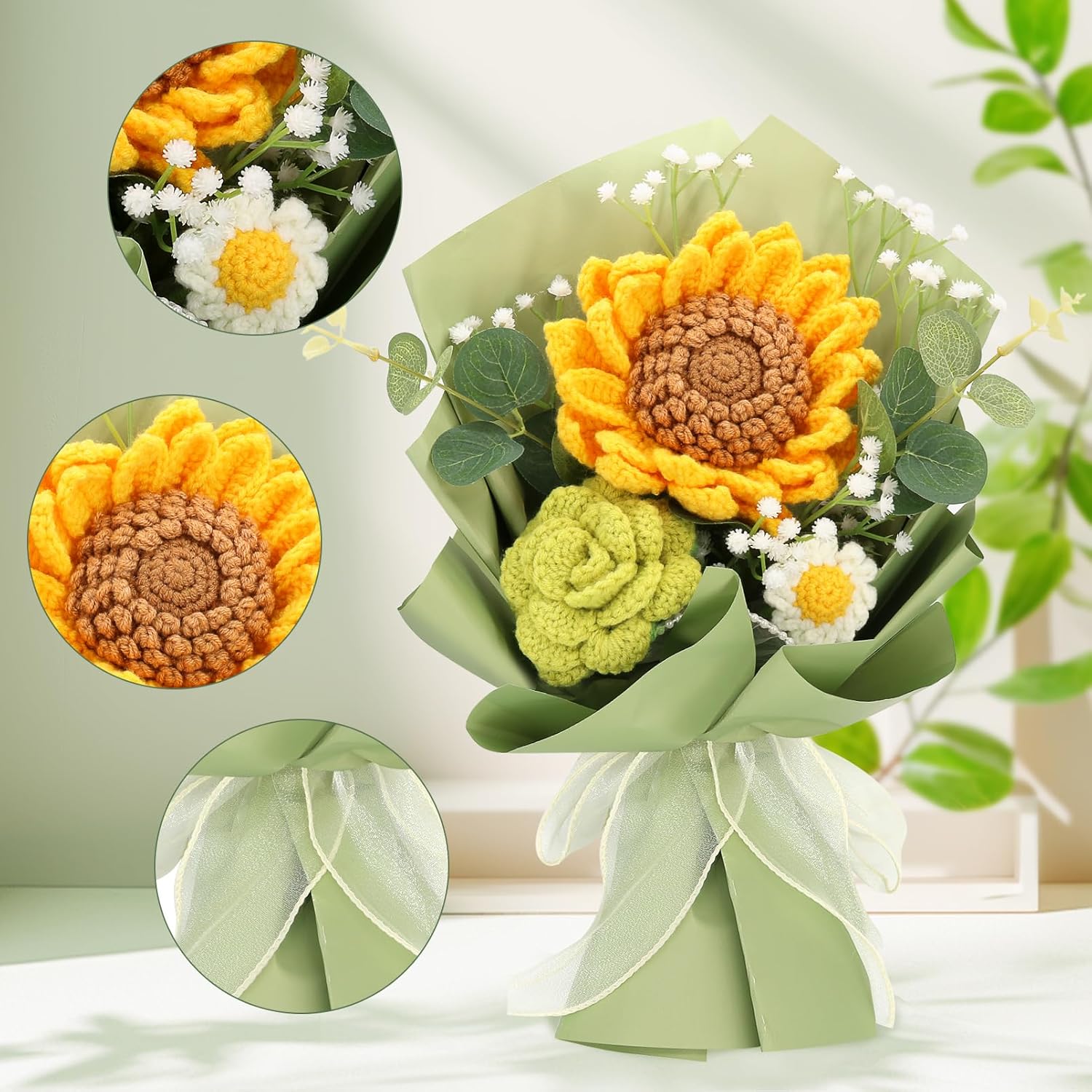 Handmade Crochet Sunflowers Rose Daisy As A Gift For Lover, Family,Friends. Crochet Bouquet, Crocheted Yarn Flowers, Artificial Flower Finished Bouquet (Yellow&Brown)