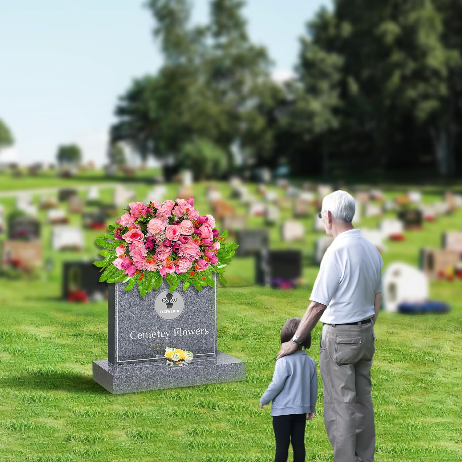 Sympathy Flower For Headstone - Artificial Tulips Roses Grave Flowers For Cemetery Easy Fit Outdoor Decoration