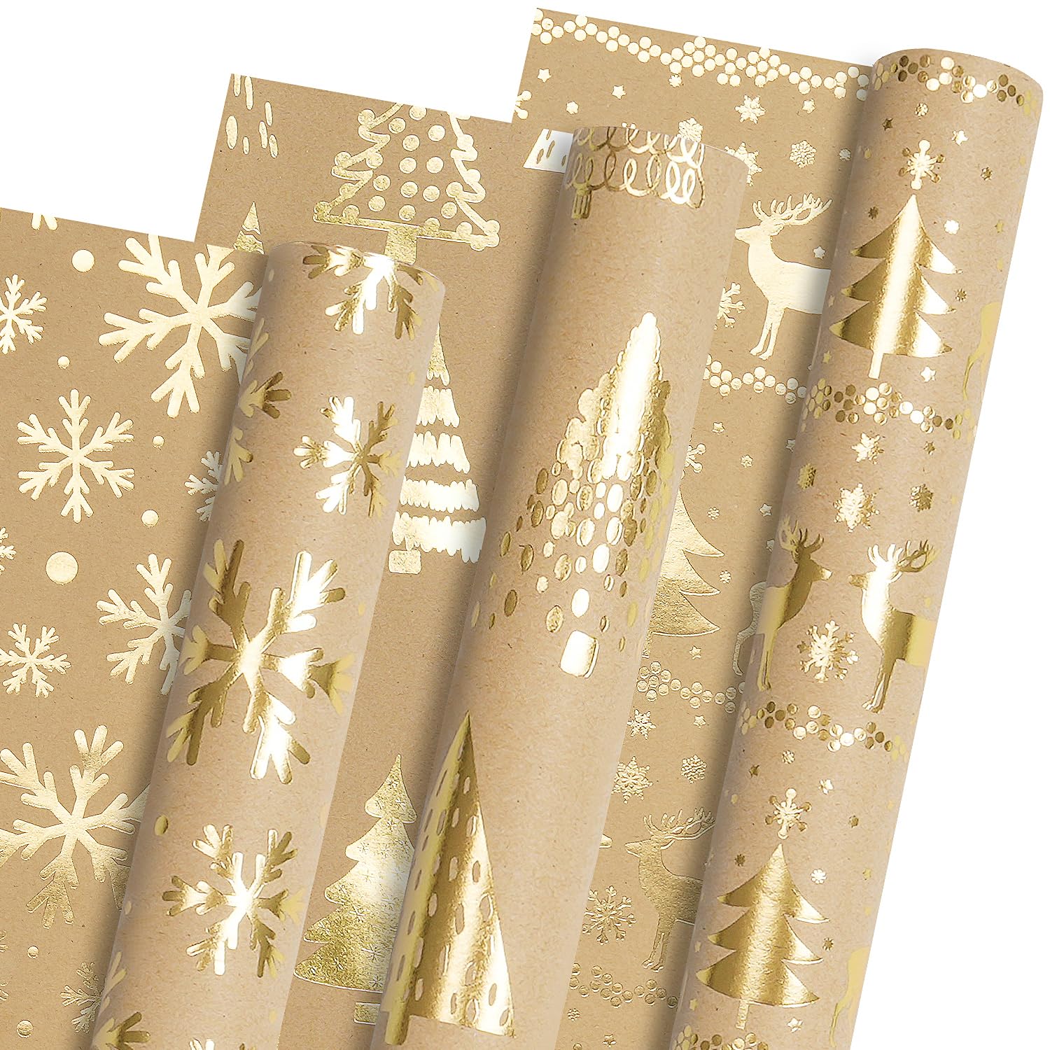 Christmas Wrapping Paper - 3 Mini Rolls, Metallic Gold Foil Kraft Wrapping Paper With Reindeer Christmas Tree Design, Brown Kraft Gift Wrap For Xmas Holiday New Year, 17 Inch X 118 Inch Per Roll