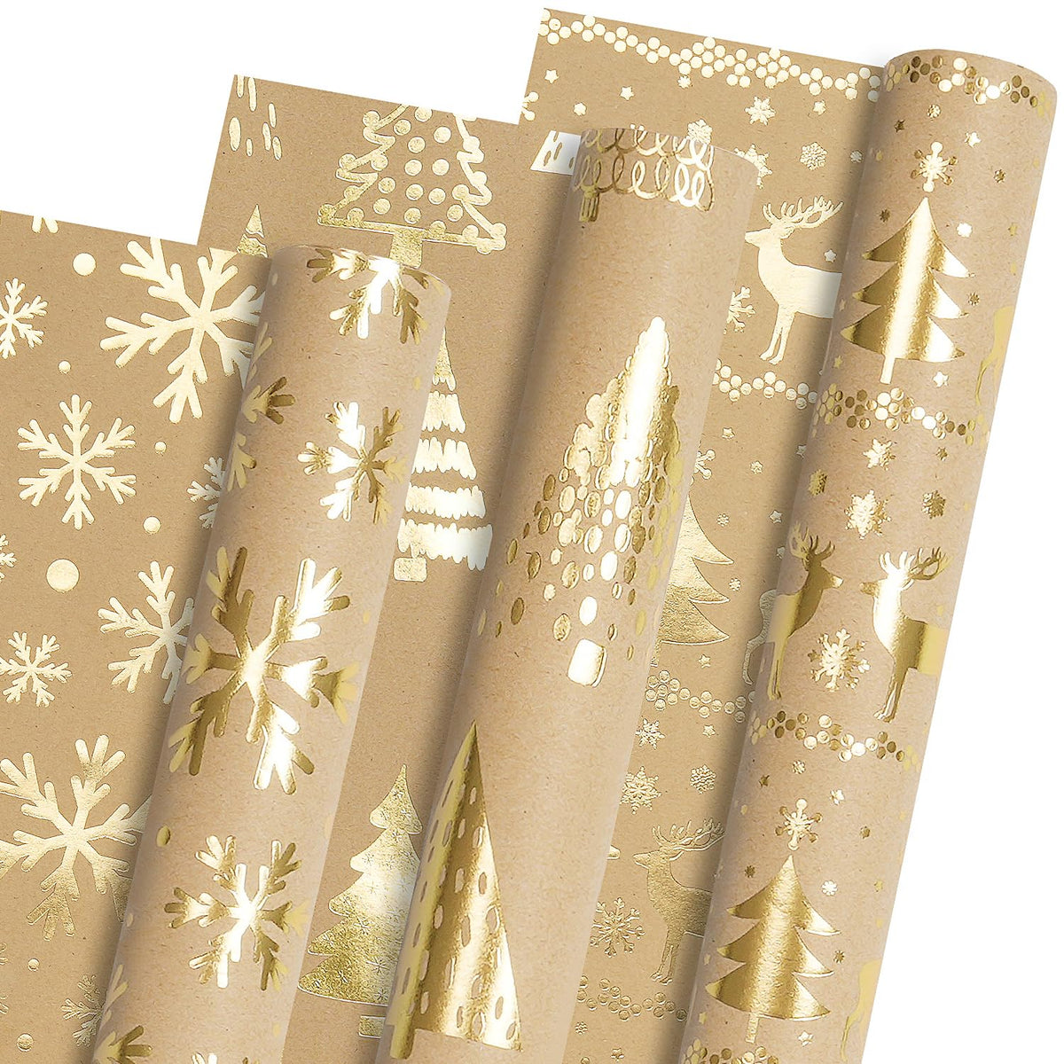 Christmas Wrapping Paper - 3 Mini Rolls, Metallic Gold Foil Kraft Wrapping Paper With Reindeer Christmas Tree Design, Brown Kraft Gift Wrap For Xmas Holiday New Year, 17 Inch X 118 Inch Per Roll