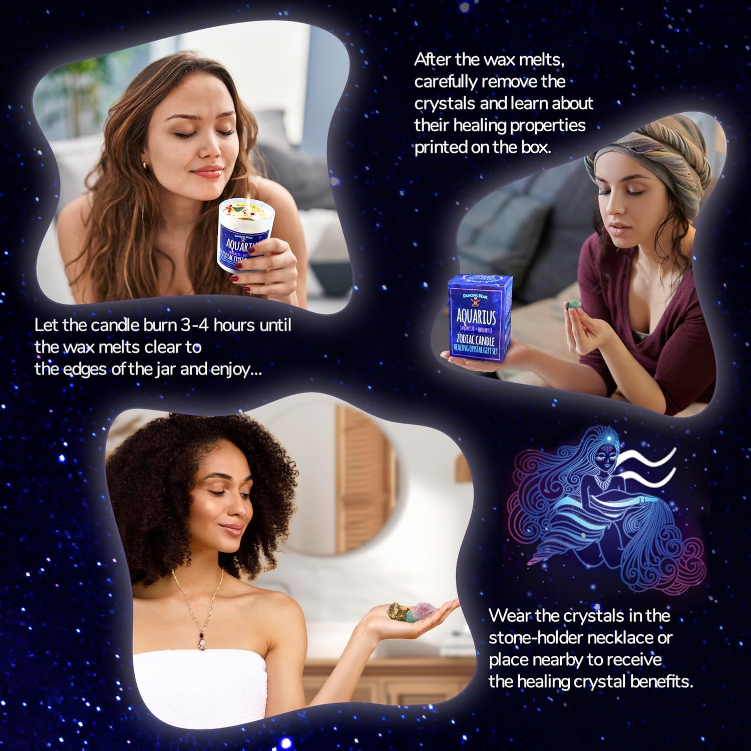 Aquarius Zodiac Candle Gift Box Set With 3 Healing Crystals & Stone Holder Necklace, 100% Soy Scented Wax, Crackling Wood Wick, 45 Hour Burn Time