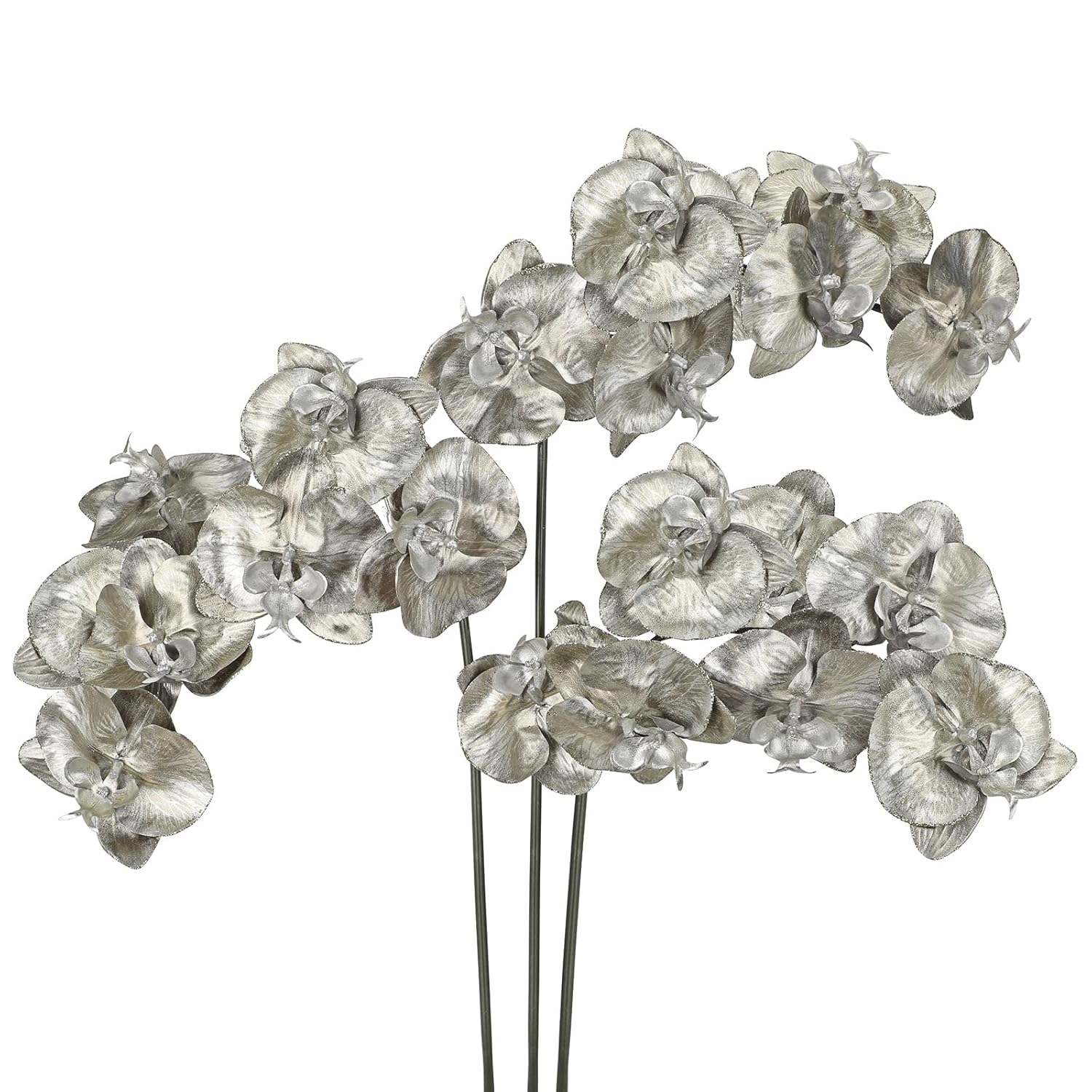 Silver Glitter Artificial Orchid Stems 3 Pcs, 31.5" Christmas Fake Phalaenopsis Orchid Flowers, Sparkling Faux Orchid Branches For Xmas Tree Decorations, Table Centerpieces, Floral Arrangements