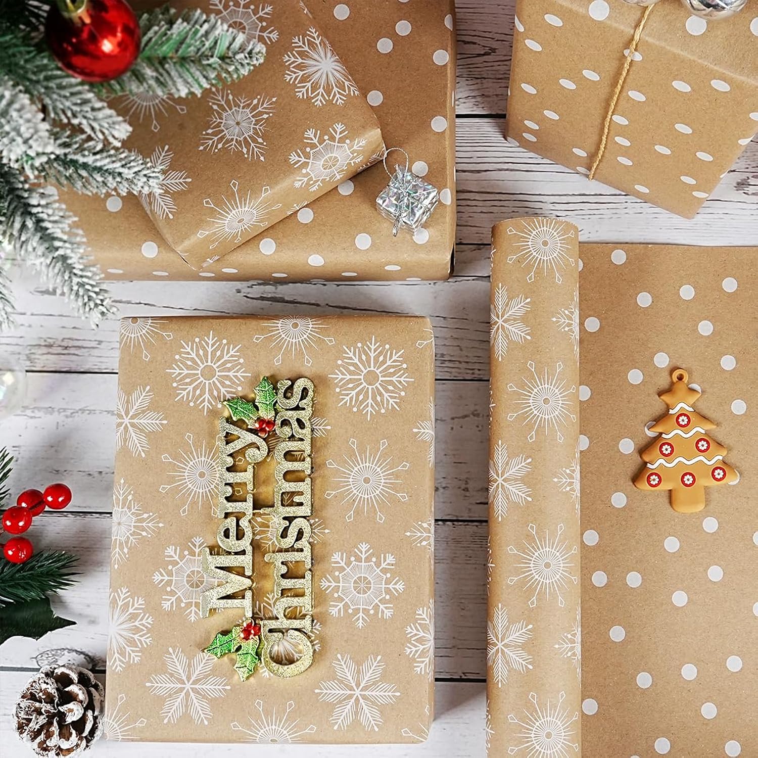 Reversible Christmas Wrapping Paper Roll, Vintage Brown Kraft Gift Wrapping Paper, White Snowflakes Polka Dots Gift Wrap Paper For Christmas Birthday Party Wedding Winter Holiday, 17Inch ×33Feet