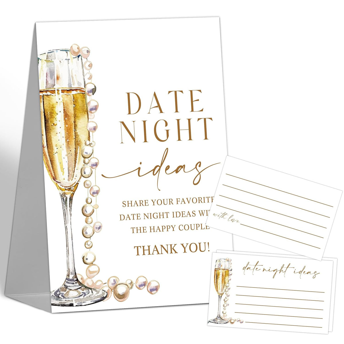 Pearls And Prosecco Bridal Shower Decorations - Date Night Ideas Games, 1 Sign And 50 Date Night Ideas Cards For Bachelorette Engagement Wedding Shower Decorations, 50 Guests