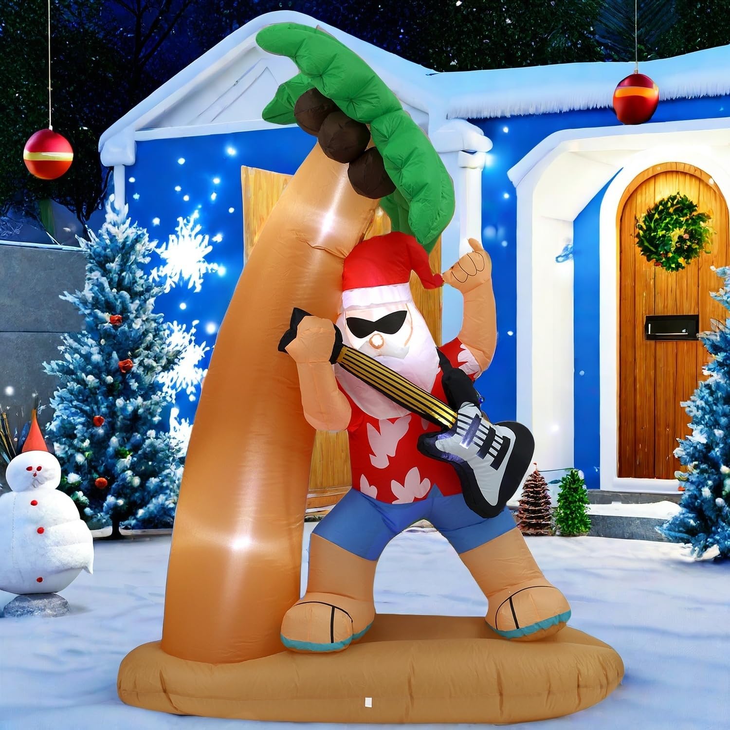 7Ft Santa Claus Playing Guitar Under Coconut Tree Christmas Inflatable Decoration With Led Lights, Suitable For Holiday