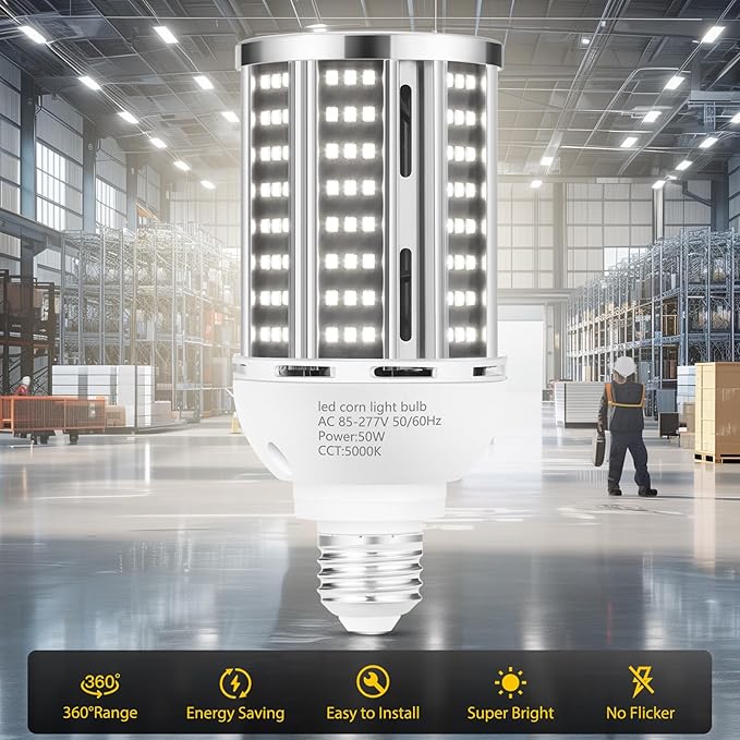 LED Corn Light Bulbs 6 Pack 50W 6500LM 500W Equivalent 5000K Daylight E26/E39 Warehouse Garage Lighting