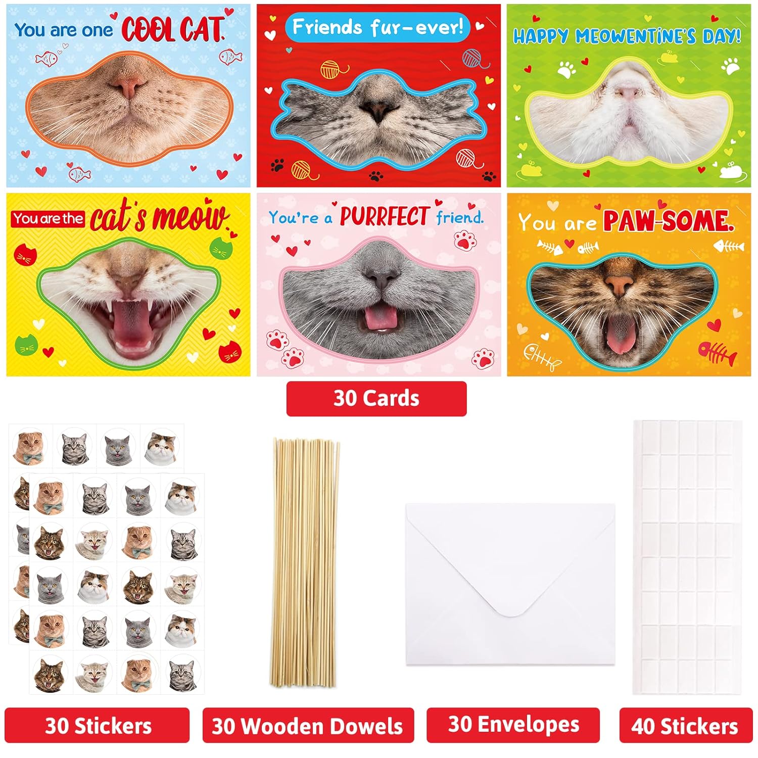 30Pcs Valentines Day Kitten Cards Kids Fun Valentines Cards With Envelopes And Stickers Photo Booth Props Party Favors Classroom Exchange Gifts