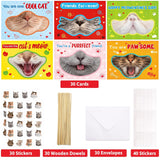30Pcs Valentines Day Kitten Cards Kids Fun Valentines Cards With Envelopes And Stickers Photo Booth Props Party Favors Classroom Exchange Gifts