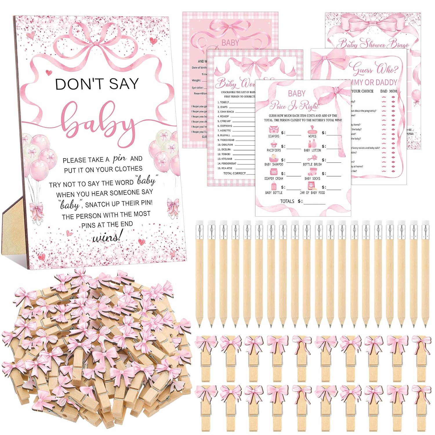 321 Pcs Pink Bow Baby Shower Decorations Set 5 Games Include Pink Ribbon Baby Shower Bingo Word Scramble Description The Price Guess Don'T Say The Word Sign For Coquette Bow Game Party Decor