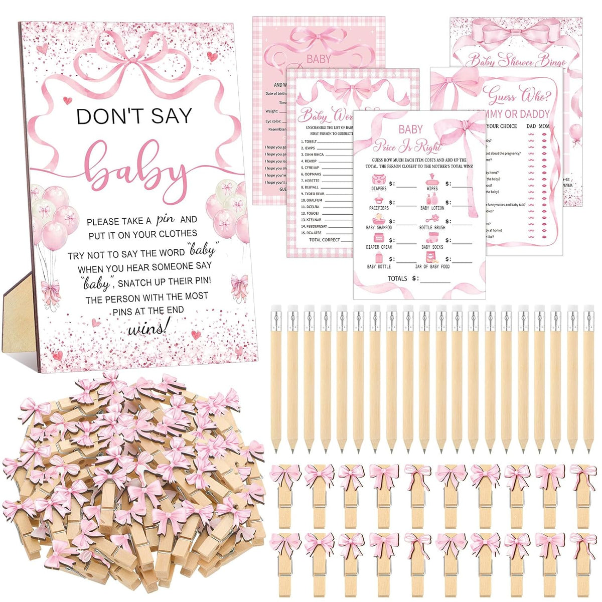 321 Pcs Pink Bow Baby Shower Decorations Set 5 Games Include Pink Ribbon Baby Shower Bingo Word Scramble Description The Price Guess Don'T Say The Word Sign For Coquette Bow Game Party Decor