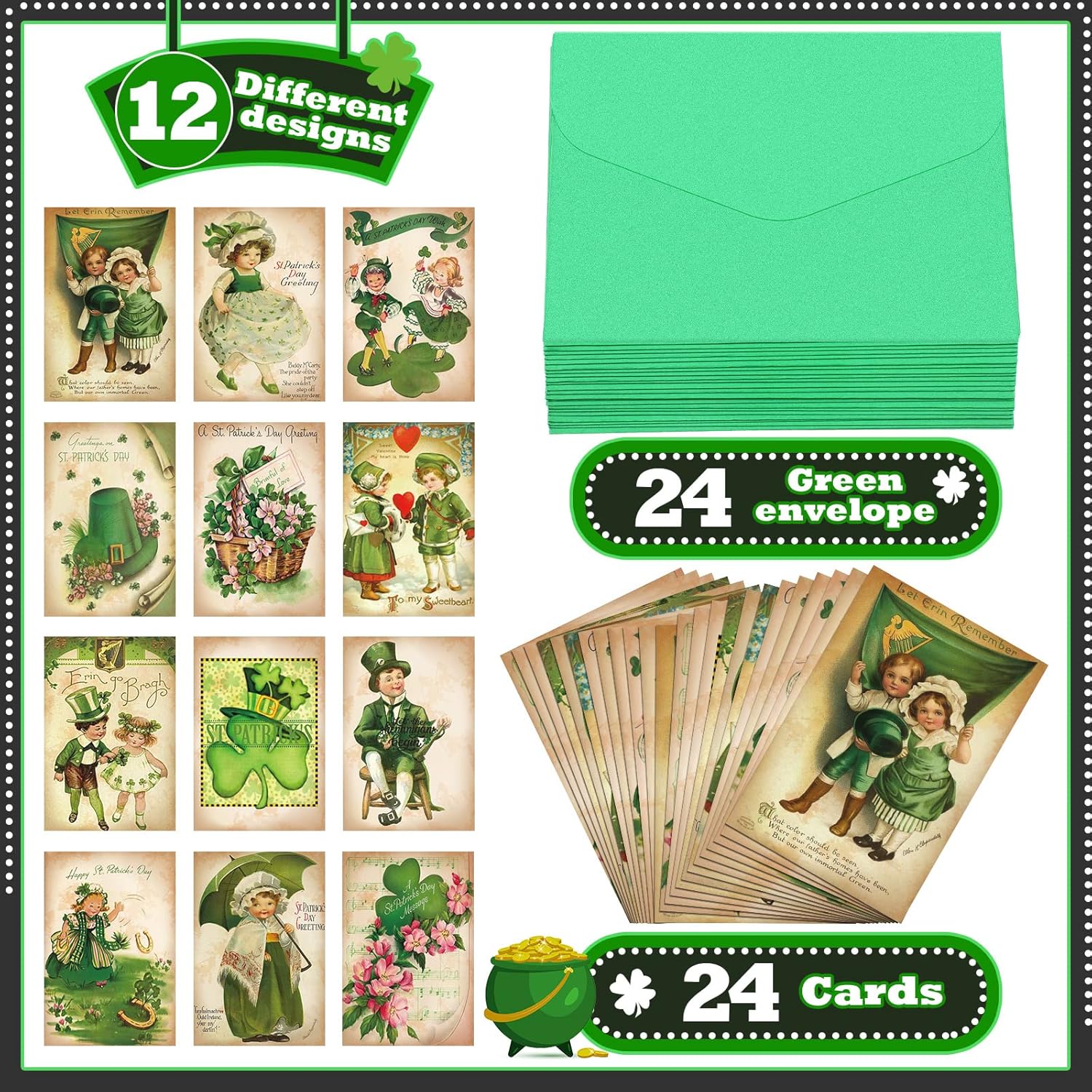 24 Set St Patrick'S Day Cards With Envelopes Vintage Green St Patrick'S Day Shamrock Greeting Cards Retro Clover Irish Cards For Party Classroom Home Office Business (Cute Style)