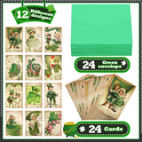 24 Set St Patrick'S Day Cards With Envelopes Vintage Green St Patrick'S Day Shamrock Greeting Cards Retro Clover Irish Cards For Party Classroom Home Office Business (Cute Style)