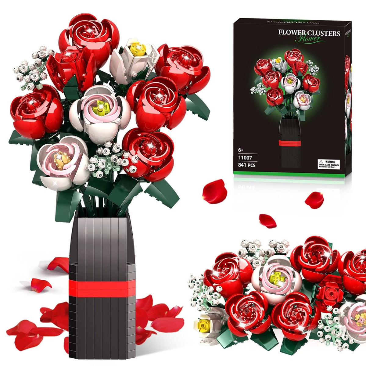 Rose Flower Bouquet Building Kit Gift For Valentine’S Day, Roses Bouquet Building Set, 841Pcs Red Roses Artificial Flowers With Vase, Rose Unique Diy Gifts For Women, Adults, Kids, Anniversaries