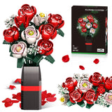 Rose Flower Bouquet Building Kit Gift For Valentine’S Day, Roses Bouquet Building Set, 841Pcs Red Roses Artificial Flowers With Vase, Rose Unique Diy Gifts For Women, Adults, Kids, Anniversaries