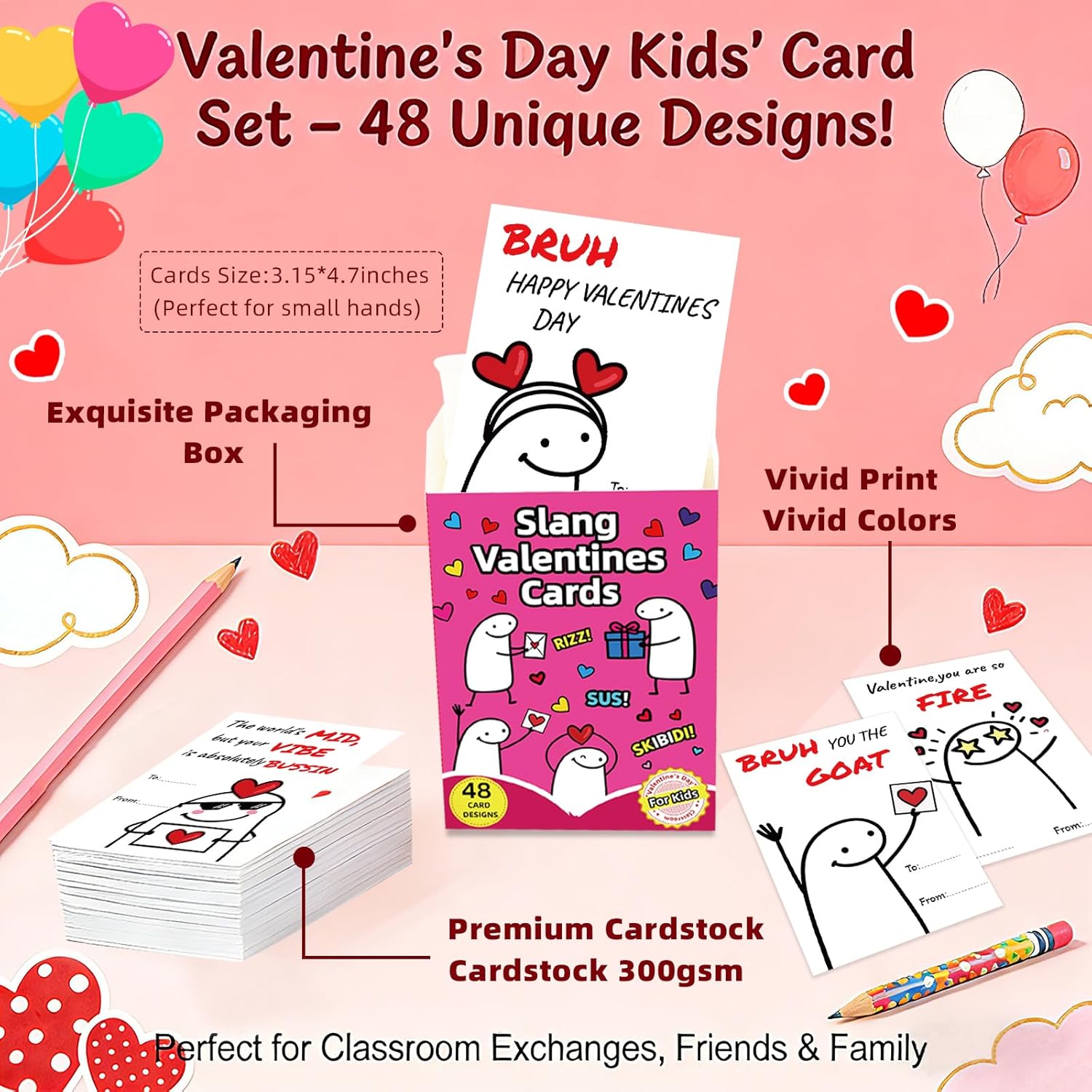 Slang Valentines Day Cards For Kids, 48 Pack Valentine Cards For Kids Classroom School, Funny Slang Greeting Cards For Boys Girls Classroom Prizes Exchange Gifts