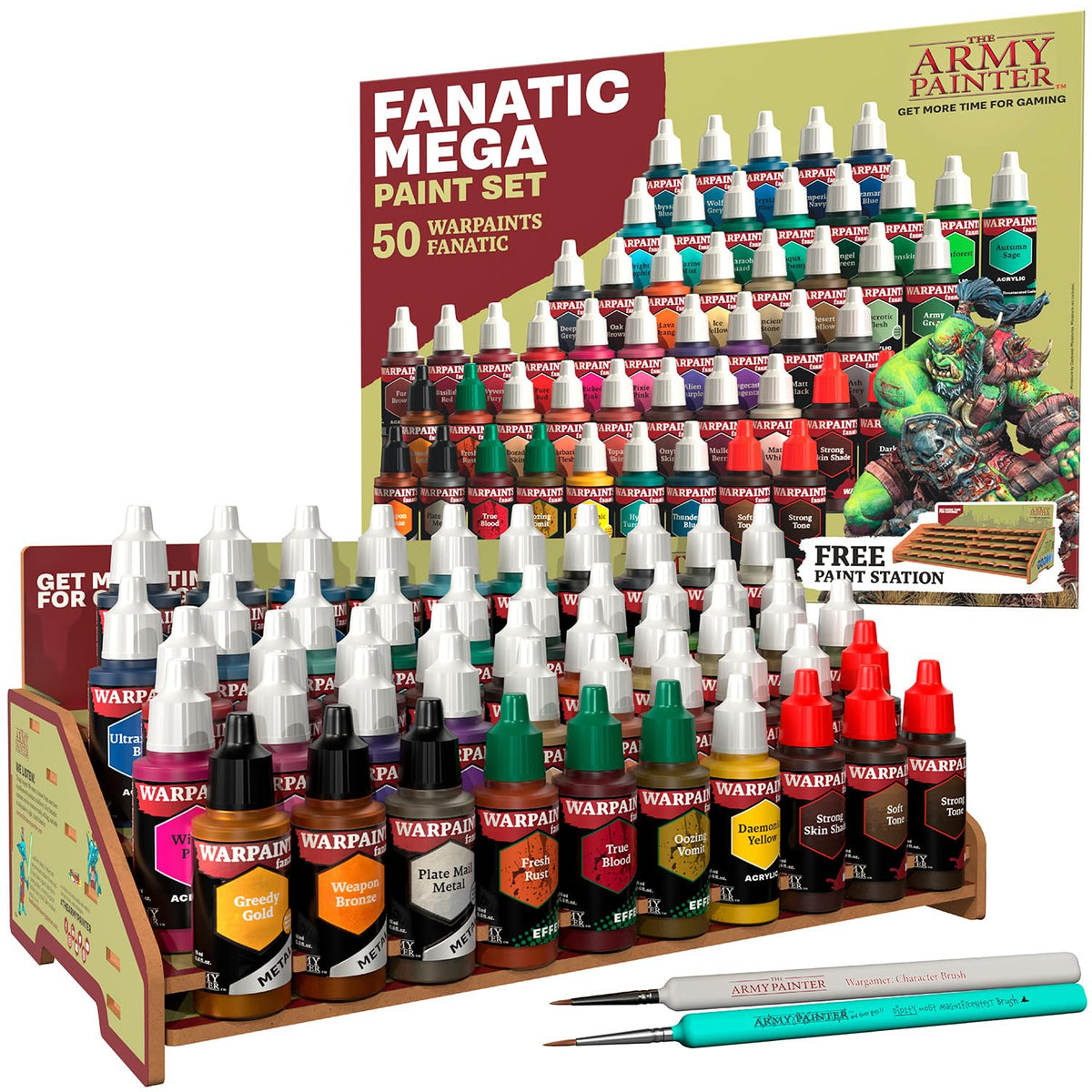 , Warpaints Fanatic Mega Set Combo, 50 X 18 Ml Acrylic Paints Incl. Skin Tones, Metallics, Effects, Washes, 1 Free Paint Station & 2 Brushes - Model Paint For Warhammer & Dnd