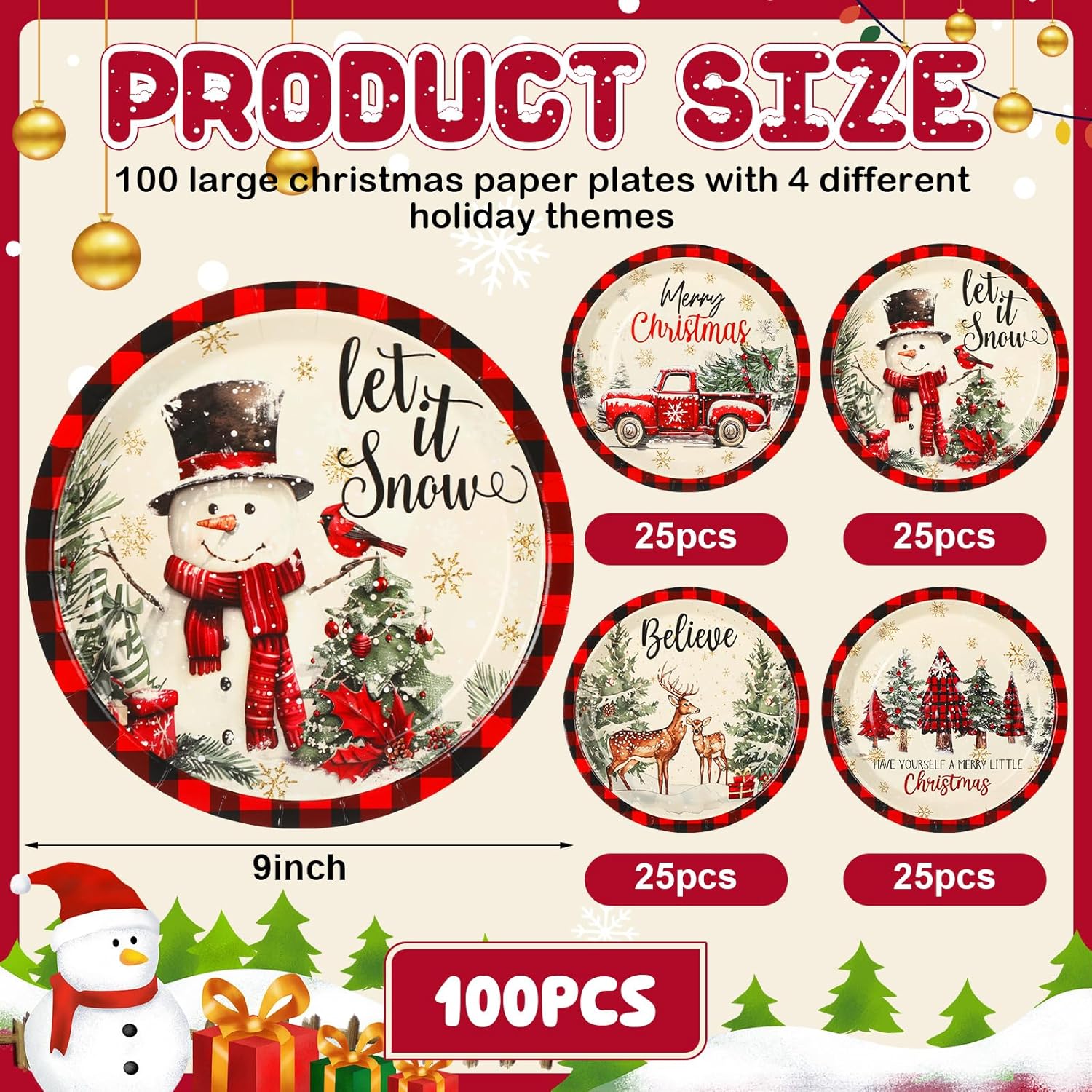 100 Pcs Christmas Paper Plates Disposable 9 Inch Black And Red Plaid Snowman Dinner Round Plates For Xmas Holiday Birthday Party Table Decor