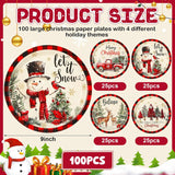100 Pcs Christmas Paper Plates Disposable 9 Inch Black And Red Plaid Snowman Dinner Round Plates For Xmas Holiday Birthday Party Table Decor