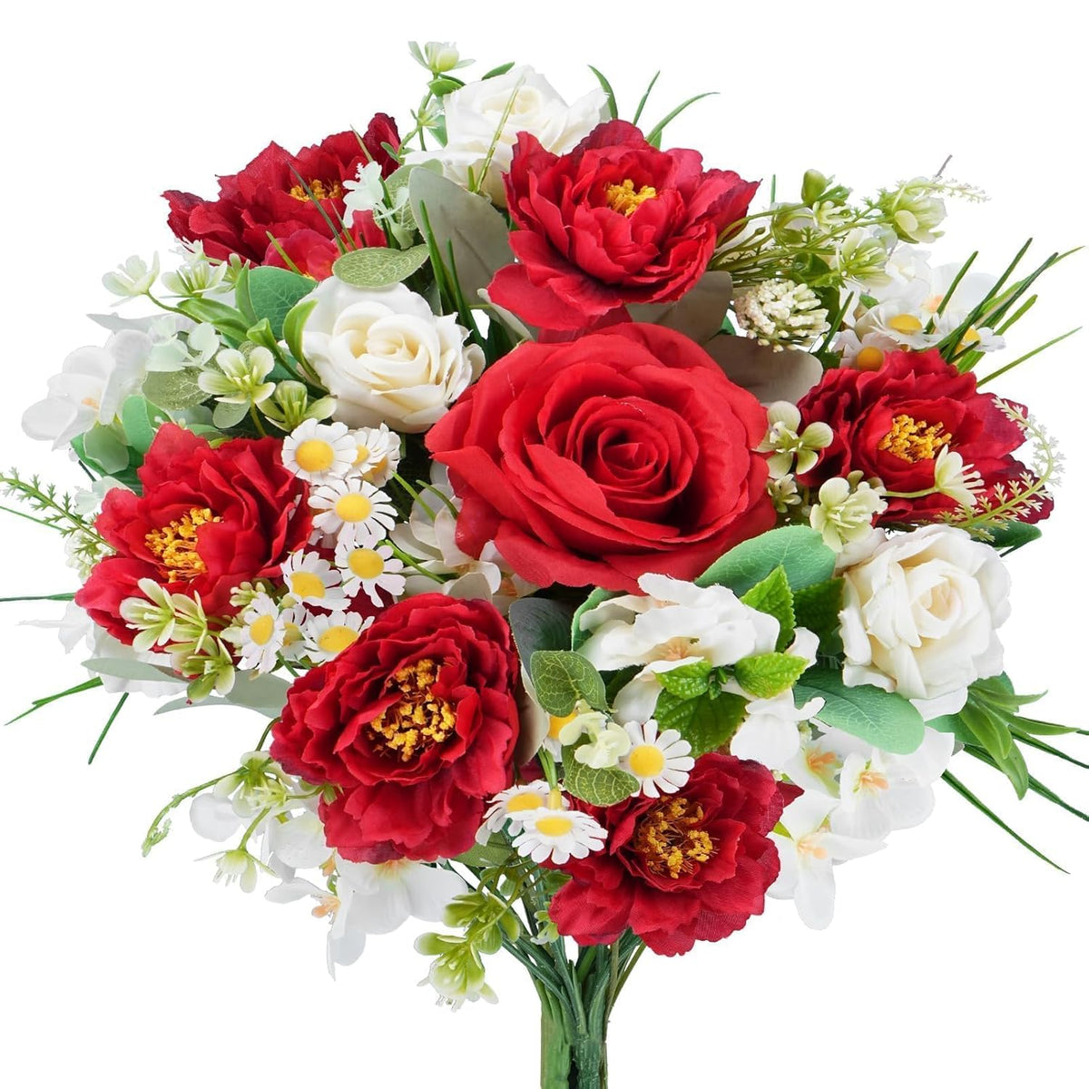 Cemetery Flowers Silk Valentine'S Day Flowers Red Peony Artificial Flower With Whtie Rose Spring Faux Flowers For Grave Memorial Day Table Centerpiece Outdoor Indoor Home Decor