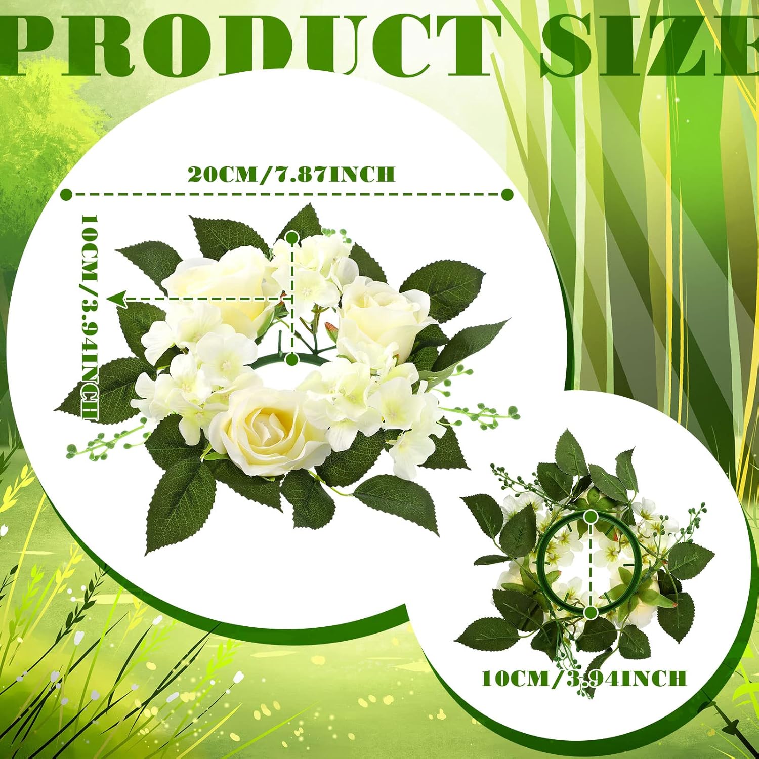 12 Pcs Wedding Rose Candle Rings Artificial Floral Wreaths With Green Leaves Flower Candle Rings Candleholders Garland For Pillar Centerpiece Party Table Decor, 3.94'' Inner Diameter, White