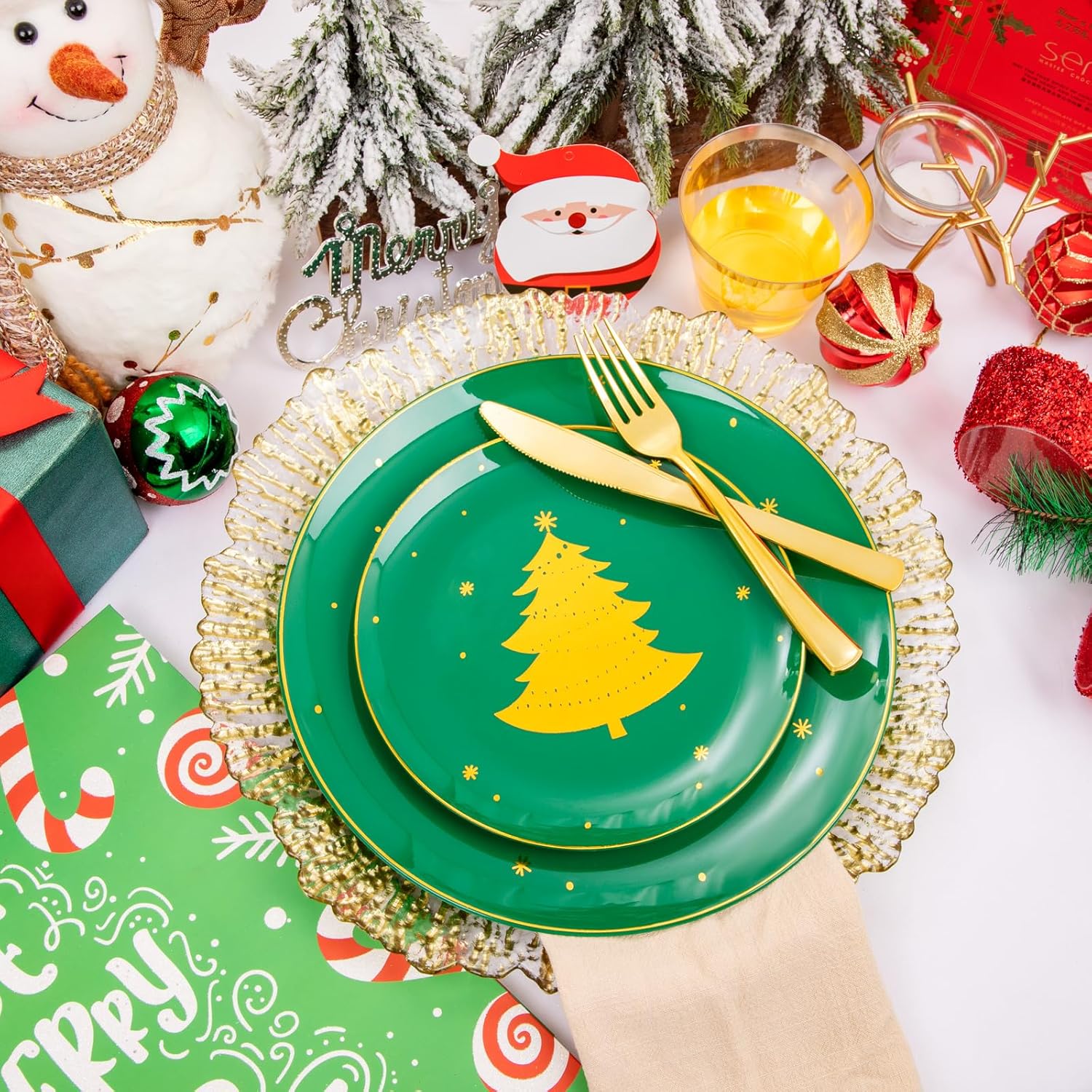 150Pcs Christmas Plates Plastic Disposable - 25 Guests Green Plates With Gold Tree, Gold Plastic Silverware, Clear Gold Cups, Christmas Design Perfect For Christmas Parties, Ej