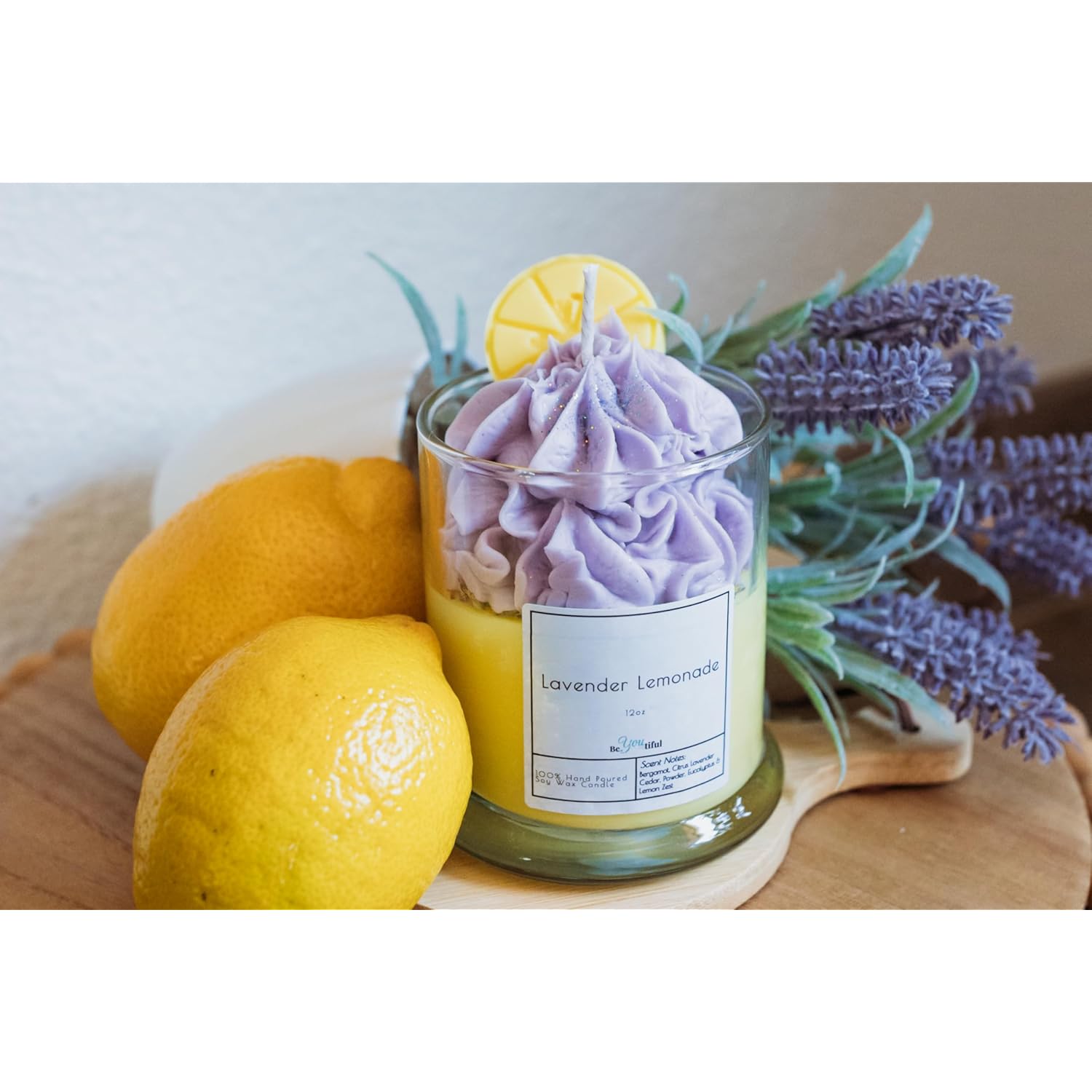 Lavender Lemonade Scented Soy Candle, 12 Oz, Hand-Piped Dessert Design, 60+ Hour Burn Time