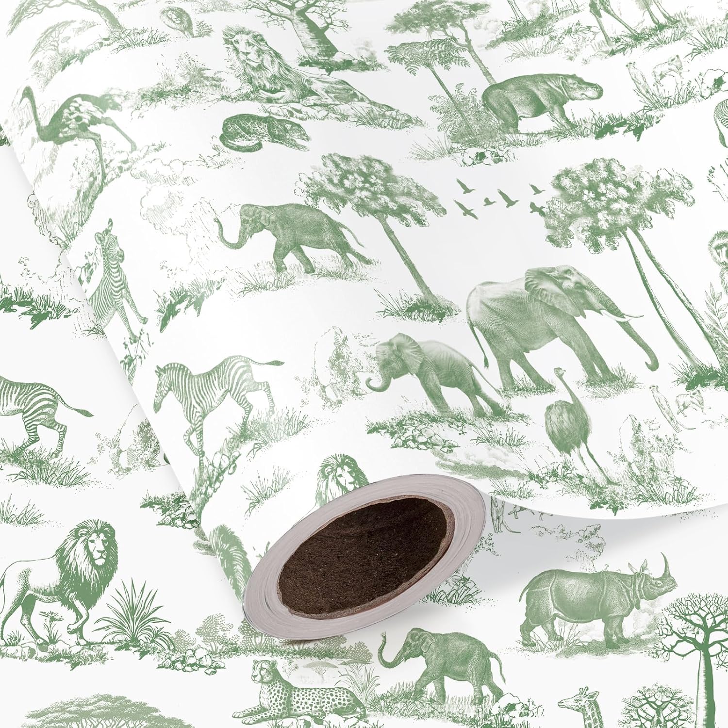 Green Toile Safari Wrapping Paper - Mini Roll - 17 Inch X 16.5 Feet - Green Jungle Animal Baby Shower Wrapping Paper For Kids Birthday, Baby Shower